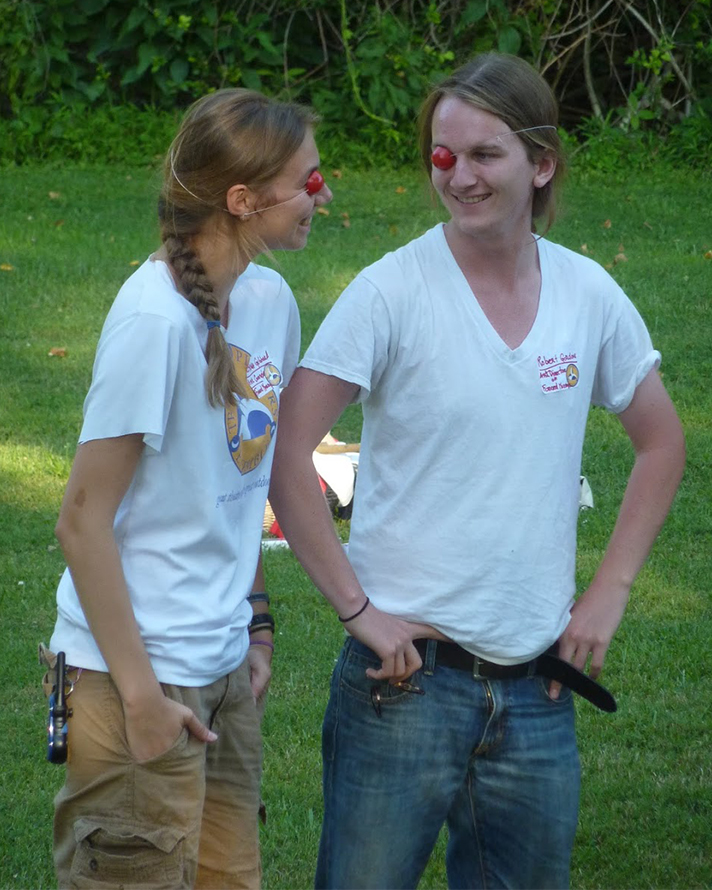 theater camp clown teachers playing with red noses